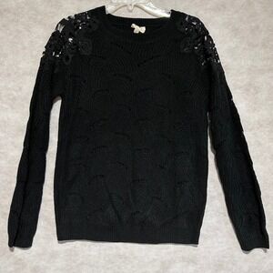 BIB!‎ Black Knit Sweater Scallop Pointelle Crochet Lace Shoulder IP7085 Womens S